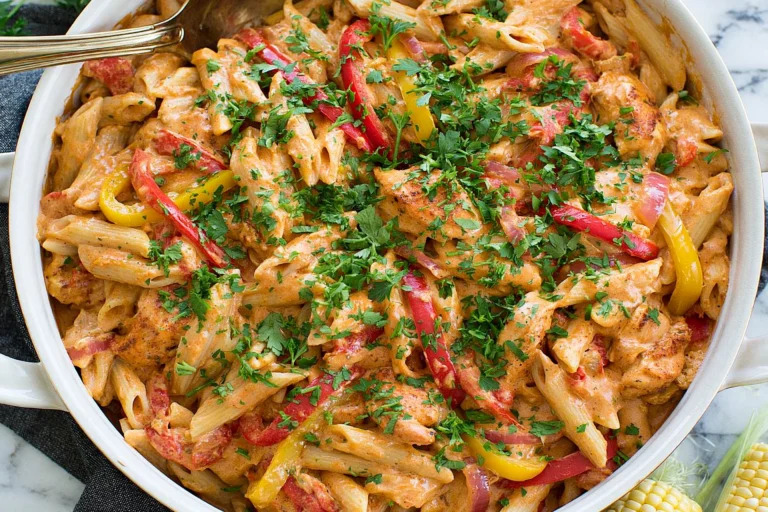 One Pot Cajun Chicken Pasta with juicy chicken, penne pasta, bell peppers, Parmesan cheese, and fresh parsley in a creamy Cajun sauce.