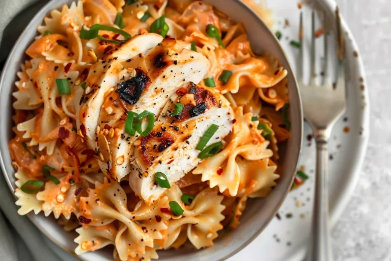 Spicy Chicken Bowtie Pasta served with Cajun-seasoned chicken, creamy Parmesan sauce, and fresh summer vegetables.