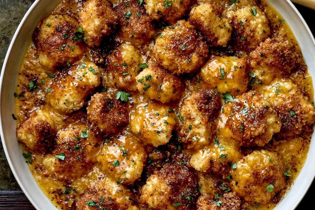 Close-up of crispy Coconut Peach Chicken coated in a rich sweet peach glaze and garnished with fresh parsley in a serving dish