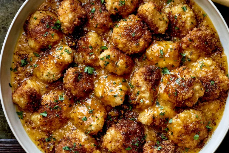 Close-up of crispy Coconut Peach Chicken coated in a rich sweet peach glaze and garnished with fresh parsley in a serving dish