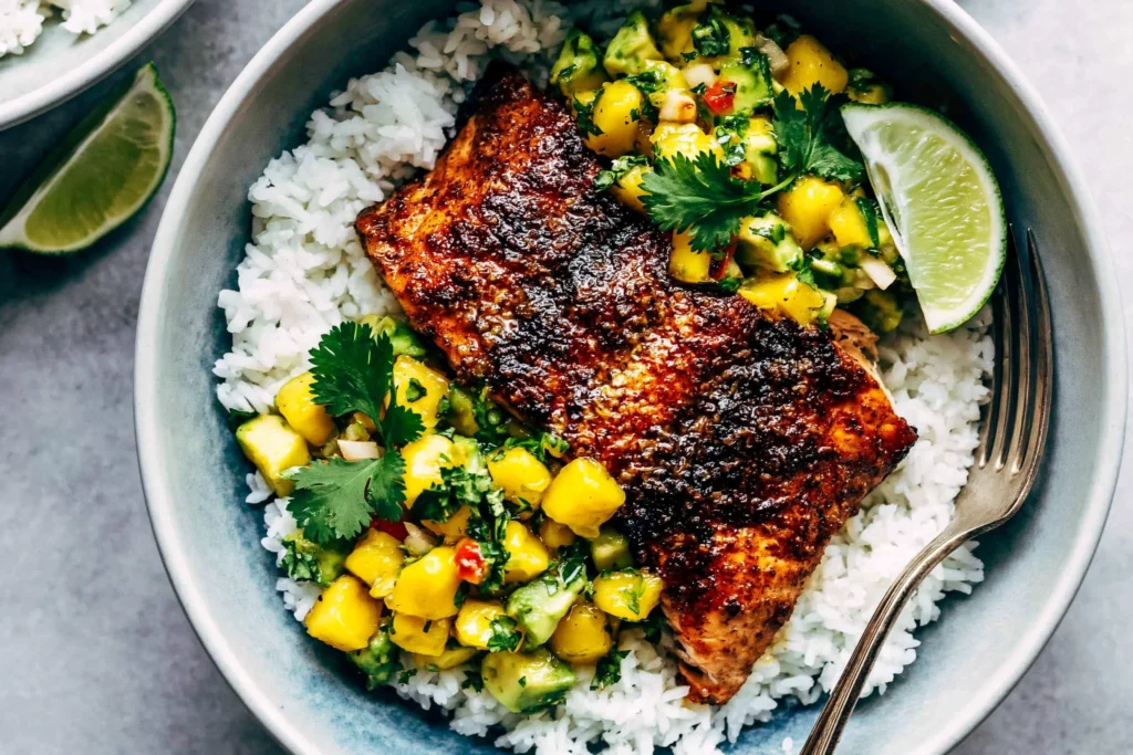 BBQ Salmon Bowls with Mango Avocado Salsa featuring smoky baked salmon over fluffy white rice with fresh mango avocado salsa, cilantro, and a lime wedge.