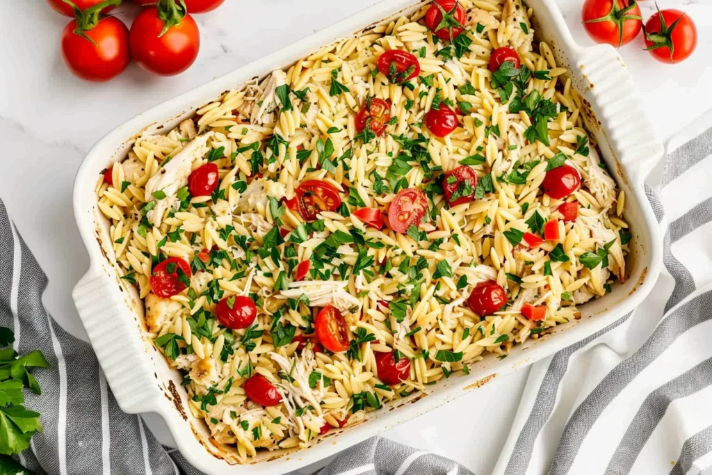Dump and Bake Chicken Orzo Bake with shredded chicken, orzo, cherry tomatoes, Parmesan, and fresh parsley baked in a casserole dish.