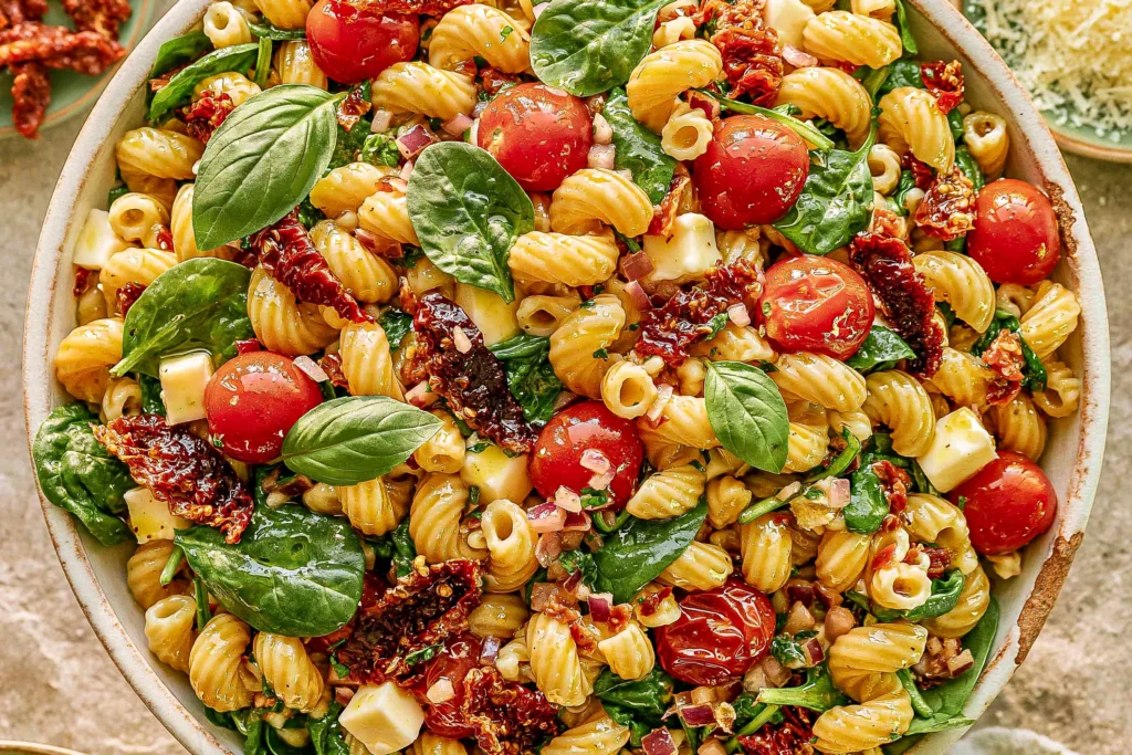 Sun-Dried Tomato Pasta Salad with mozzarella, spinach, cherry tomatoes, fresh basil, and herb dressing in a serving bowl