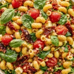 Sun-Dried Tomato Pasta Salad with mozzarella, spinach, cherry tomatoes, fresh basil, and herb dressing in a serving bowl