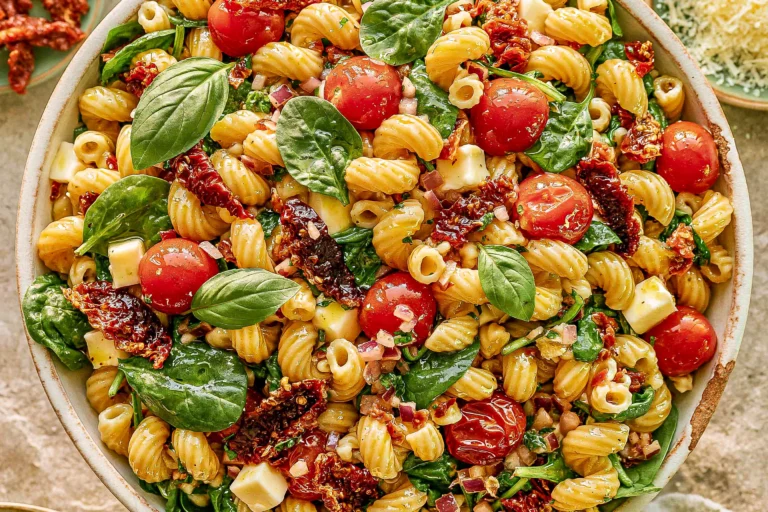 Sun-Dried Tomato Pasta Salad with mozzarella, spinach, cherry tomatoes, fresh basil, and herb dressing in a serving bowl
