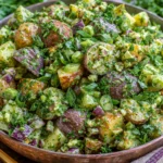 French Potato Salad with fresh herbs, Dijon mustard, green onions, and red potatoes in a tangy vinaigrette, served in a rustic bowl.