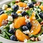 Blueberry Citrus Spinach Salad with fresh spinach, mandarin oranges, blueberries, goat cheese, pistachios, and honey citrus dressing.