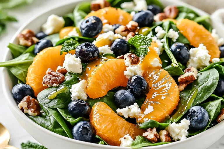 Blueberry Citrus Spinach Salad with fresh spinach, mandarin oranges, blueberries, goat cheese, pistachios, and honey citrus dressing.