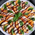 Peach Caprese Salad made with juicy fresh peaches, creamy mozzarella, basil leaves, and balsamic glaze on a serving platter.