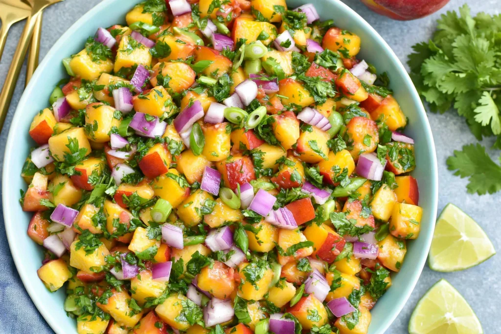 Fresh Peach Salsa made with juicy peaches, red onion, cilantro, jalapeño, and fresh lime juice served in a bowl for a refreshing summer appetizer.