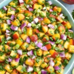Fresh Peach Salsa made with juicy peaches, red onion, cilantro, jalapeño, and fresh lime juice served in a bowl for a refreshing summer appetizer.