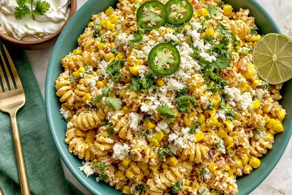 Grilled Corn Elote Pasta Salad Greek Yogurt served with charred corn, shredded chicken, cotija cheese, fresh cilantro, jalapeño slices, and lime in a large bowl.
