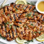 Grilled Honey Mustard Chicken Tenders on a serving platter with lemon slices, fresh rosemary, and a honey Dijon glaze, perfectly grilled and juicy.
