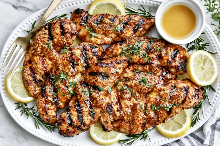 Grilled Honey Mustard Chicken Tenders on a serving platter with lemon slices, fresh rosemary, and a honey Dijon glaze, perfectly grilled and juicy.