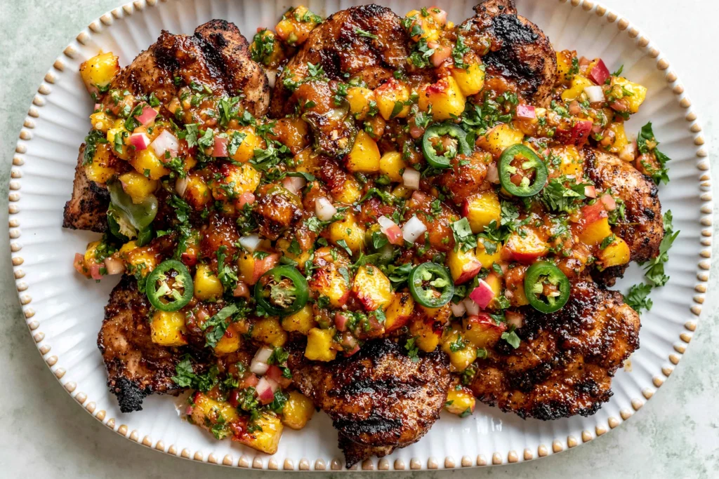 Grilled Jalapeño Peach Chicken topped with fresh peach jalapeño salsa, featuring juicy grilled chicken glazed with peach preserves and garnished with cilantro.