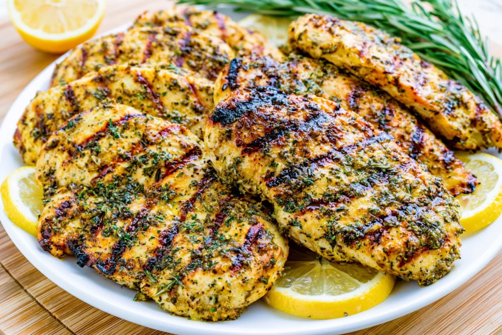 Grilled Lemon Rosemary Chicken Breast served on a platter with fresh rosemary sprigs and lemon slices, featuring juicy grilled chicken with flavorful herb marinade.