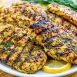 Grilled Lemon Rosemary Chicken Breast served on a platter with fresh rosemary sprigs and lemon slices, featuring juicy grilled chicken with flavorful herb marinade.