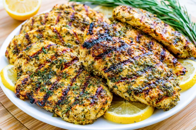 Grilled Lemon Rosemary Chicken Breast served on a platter with fresh rosemary sprigs and lemon slices, featuring juicy grilled chicken with flavorful herb marinade.