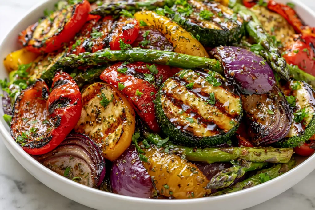 Grilled Veggies with Marinade served in a bowl with zucchini, bell peppers, asparagus, red onion, and balsamic glaze