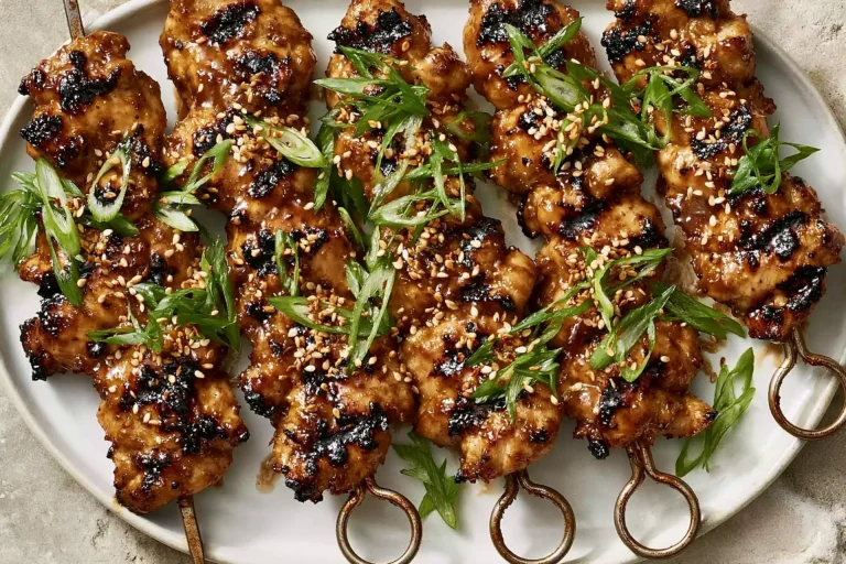 Honey Garlic Asian Chicken Kabobs grilled to perfection with a sticky honey garlic glaze, sesame seeds, and fresh green onions