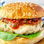 Italian Chicken Burgers topped with melted mozzarella, marinara sauce, and fresh spinach on a sesame seed bun