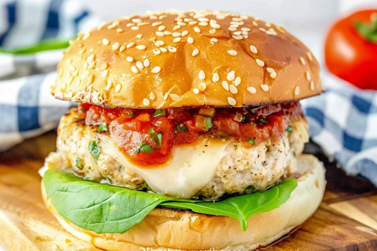 Italian Chicken Burgers topped with melted mozzarella, marinara sauce, and fresh spinach on a sesame seed bun