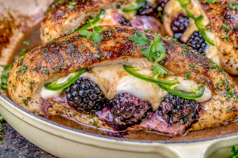 Melty Blackberry Jalapeno Stuffed Chicken baked with melted mozzarella, fresh blackberries, sliced jalapeños, and herbs in a skillet.