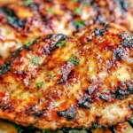 Orange Dijon Grilled Chicken fresh off the grill with a sweet and tangy orange Dijon glaze, juicy chicken breasts with beautiful charred grill marks.