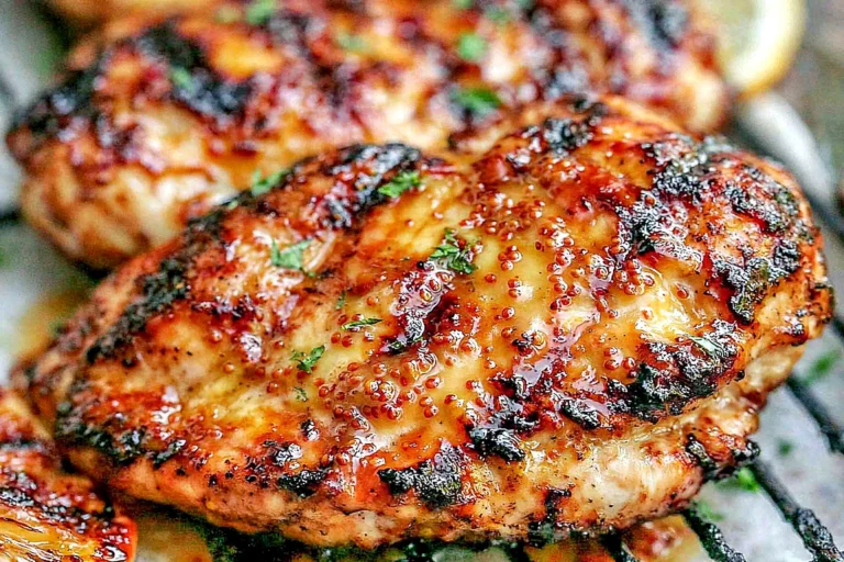 Orange Dijon Grilled Chicken fresh off the grill with a sweet and tangy orange Dijon glaze, juicy chicken breasts with beautiful charred grill marks.