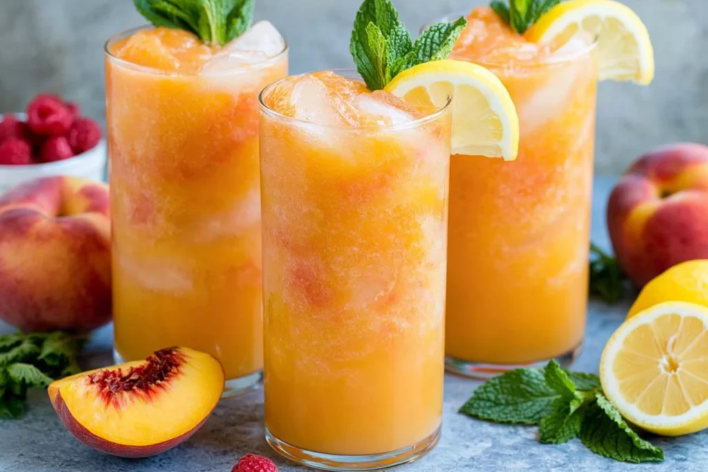 Peach Lemonade served over ice with fresh peach slices, lemon wedges, and mint leaves for a refreshing homemade summer drink.