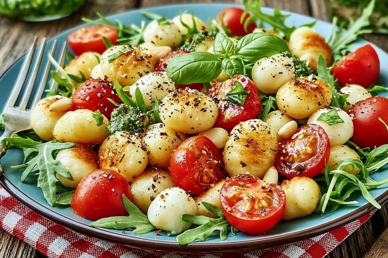 Roasted Gnocchi Salad with crispy potato gnocchi, basil pesto, cherry tomatoes, fresh mozzarella, arugula, and toasted pine nuts