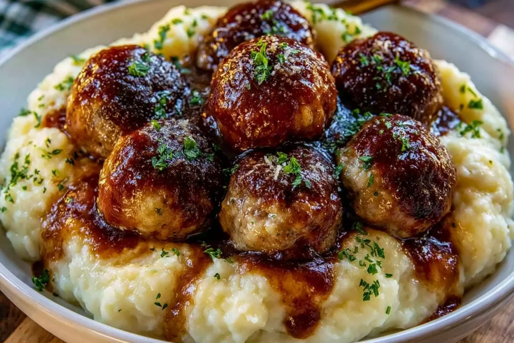 Salisbury Steak Meatballs with Garlic Herb Mashed Potatoes topped with rich onion gravy and fresh parsley in a comforting homemade dinner.