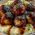 Salisbury Steak Meatballs with Garlic Herb Mashed Potatoes topped with rich onion gravy and fresh parsley in a comforting homemade dinner.