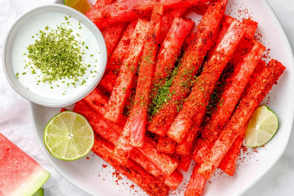 Spicy Watermelon Fries seasoned with chili lime spice, served with a creamy lime yogurt dipping sauce and fresh lime wedges on a white platter.
