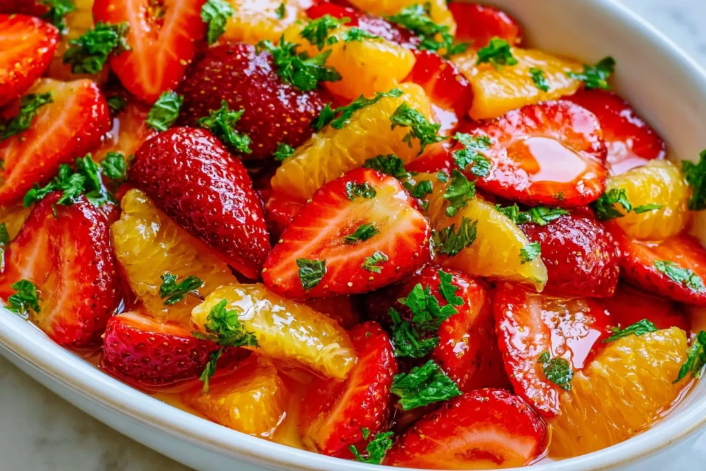 Strawberry and Orange Salad with fresh strawberries, juicy orange segments, citrus syrup, and chopped mint in a serving bowl.