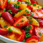 Strawberry and Orange Salad with fresh strawberries, juicy orange segments, citrus syrup, and chopped mint in a serving bowl.